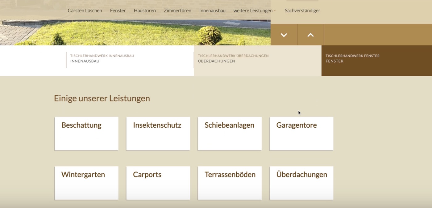 Alte Website von Carsten Lüschen: helle Standard-Optik mit Kachel-Layout, bei Google kaum sichtbar